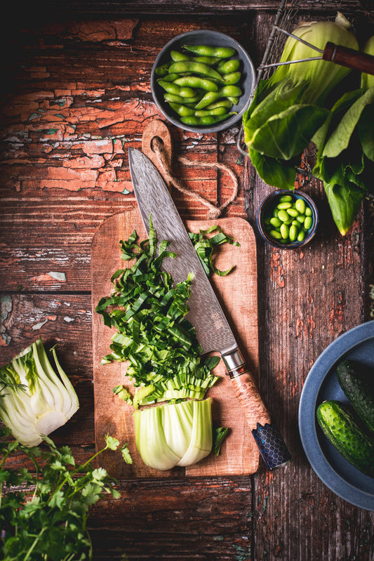 Japoński nóż szefa kuchni Koufuku ze stali damasceńskiej 67-warstw AUS-10 yezey rękojeść G10 żywica aluminiowa