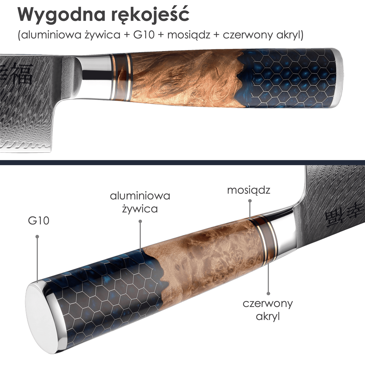 Japoński nóż szefa kuchni Koufuku ze stali damasceńskiej 67-warstw AUS-10 yezey rękojeść G10 żywica aluminiowa